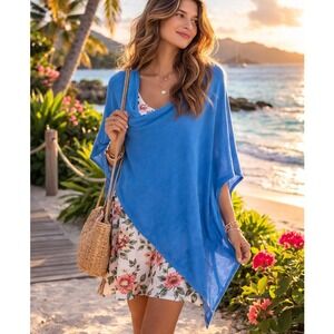 New Lexi York‎ One Size $78 Elsa Bamboo Blue Sheer Asymmetrical Poncho Top